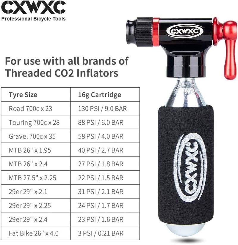 CXWXC CO2 Inflator Kit with 16g/ 25g CO2 Cartridges - Presta & Schrader Valve Compatible - CO2 Bike Pump for Road and Mountain Bikes - Image 4